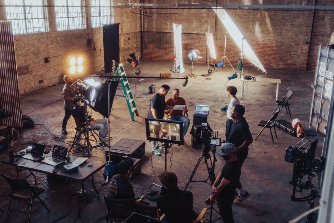 Film set with lighting and camera rigs